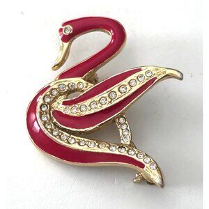 Vintage Gold-Tone Red Swan Brooch With Rhinestone Accents Pin
